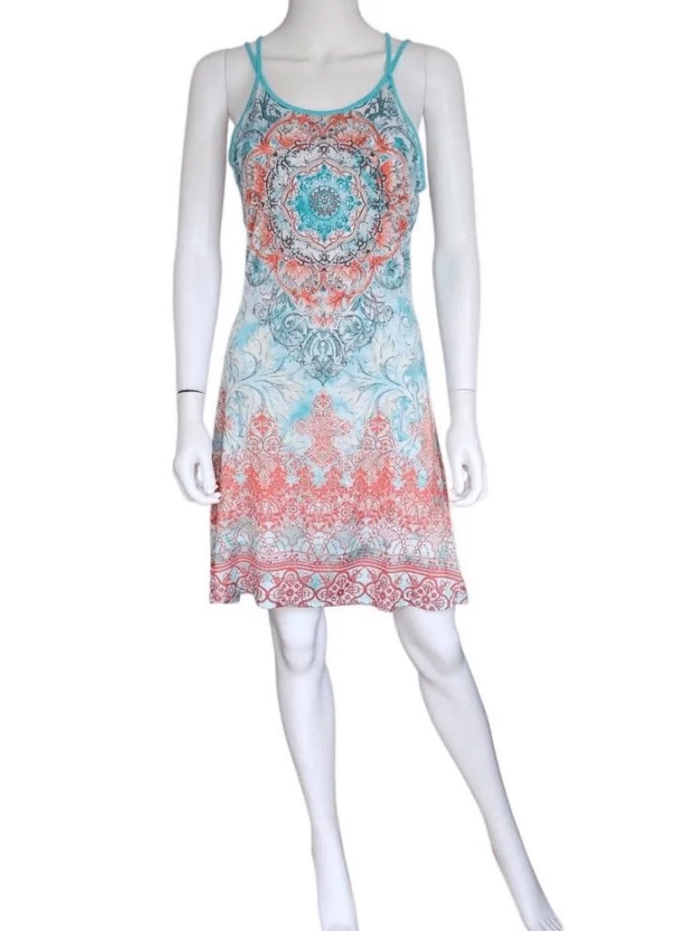 #267- VENUS Y2K Turquoise & Coral Printed Spaghetti-Strap Mini Dress